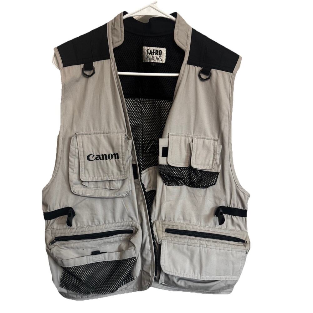 Vintage Canon Men's L Safro Safari USA MADE Photographer Cargo Khaki Vest